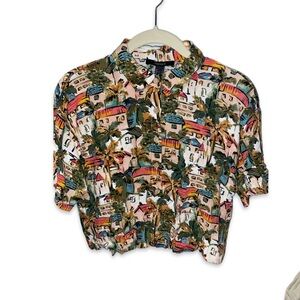 Forever 21 Tropical Printed Button Down Crop Shirt Small